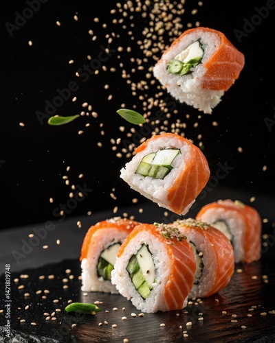 Dynamic Flying Sushi Rolls with Vibrant Garnishes