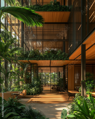 Contemporary office building with balcony gardens and natural wood textures