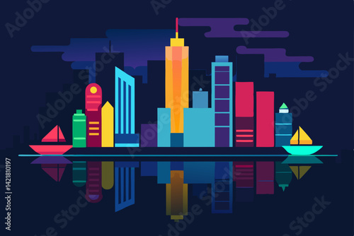 Abstract business graph arrow finance chart in city skyscraper skyline illustration vector concept design