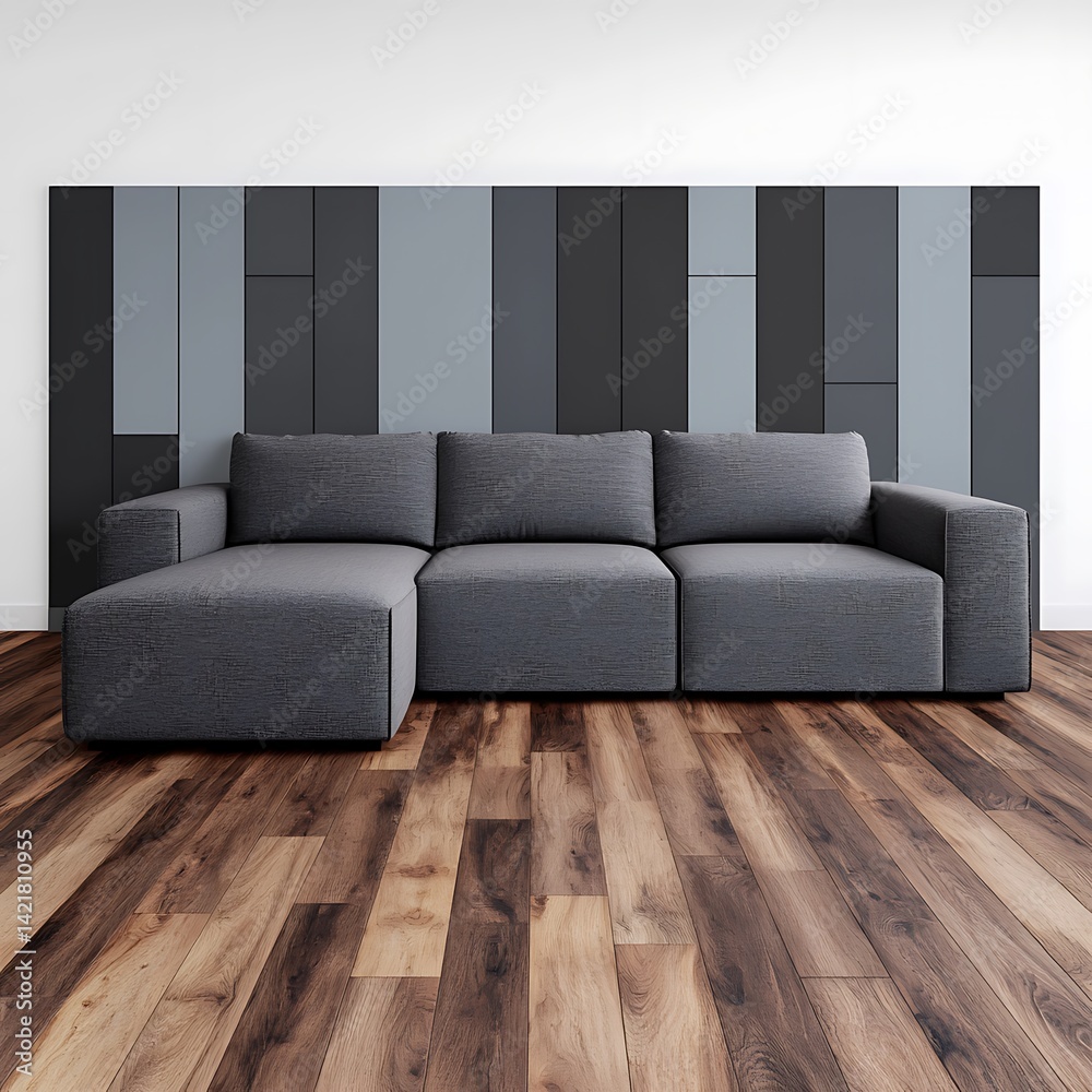 Modern Living Room Interior Design: Gray Sofa on Wood Floor with Panel Wall Accent, Home Decor Inspiration.