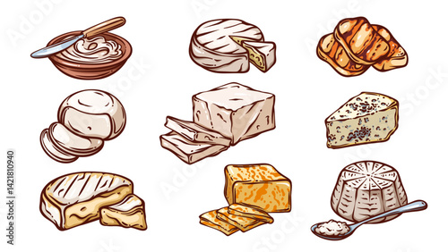 Cheese and dairy products line icons set. Outline hand drawn cream cheese and ricotta, brie and camembert, slices of colby and grilled halloumi. Food menu mascot, icons collection vector illustration