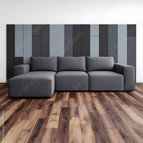 Obraz na płótnie Modern Living Room Interior Design: Gray Sofa on Wood Floor with Panel Wall Accent, Home Decor Inspiration. w salonie