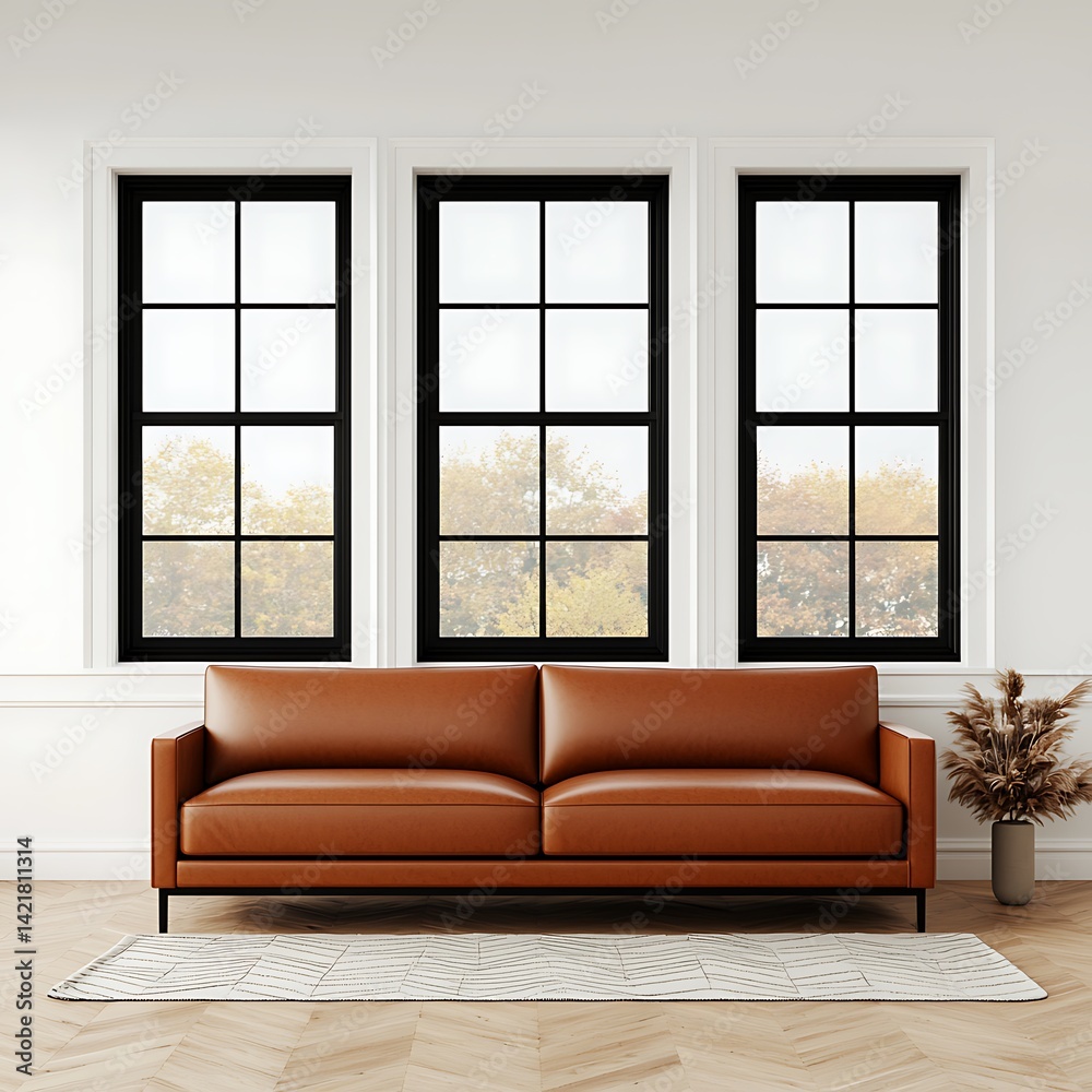 Modern Living Room Interior with Brown Sofa, Large Windows, Minimalist Decor, and Natural Light Ambiance.
