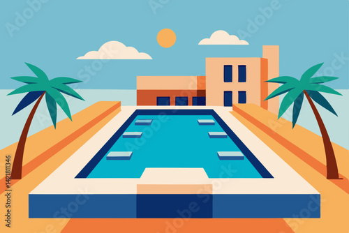 Tropical swimming pool with palm trees, sun, and clear water