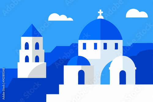 White church dome in Oia, Santorini Greece with blue sky