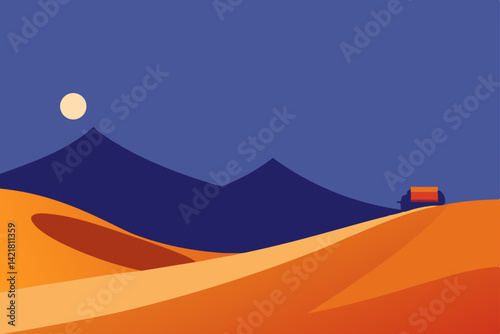 Orange summer desert mountain landscape vector illustration with Egyptian pyramids and a camel silhouette at sunset