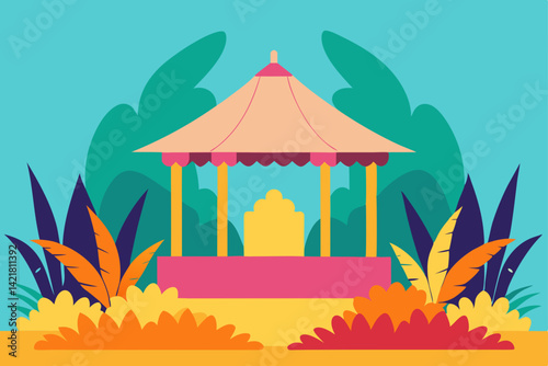 Vector illustration of a summer beach landscape with an umbrella and parasol, ideal for tropical vacation and holiday travel art design