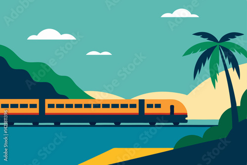 Tropical island vector illustration of a bus on the beach or road, perfect for summer travel and vacation