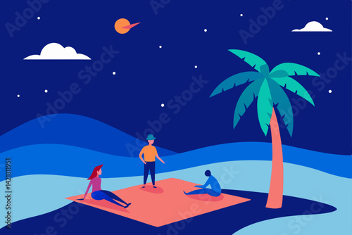 Tropical summer night vacation with a couple on the beach under the moonlit sky