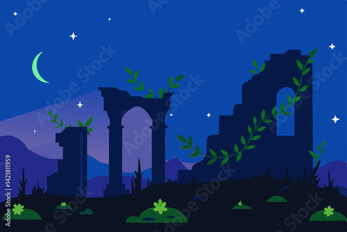 Spooky Halloween night landscape with a dark city silhouette, haunted house, barren trees, flying bats, and a full moon illuminating a scary cemetery under a starry sky