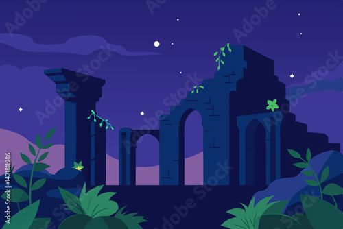 Night urban cityscape illustration with moon and stars