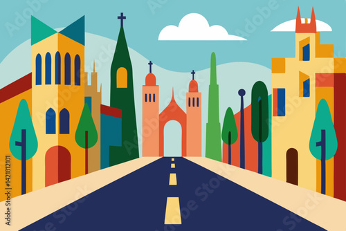 City street vector illustration with a fairy tale castle in the background