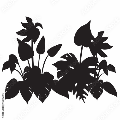 Tropical plants silhouette illustration featuring monstera and other exotic foliage