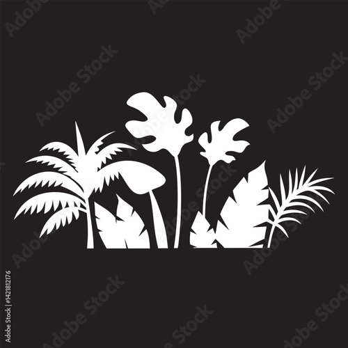 White tropical leaves silhouette on black background featuring palm and monstera leaves