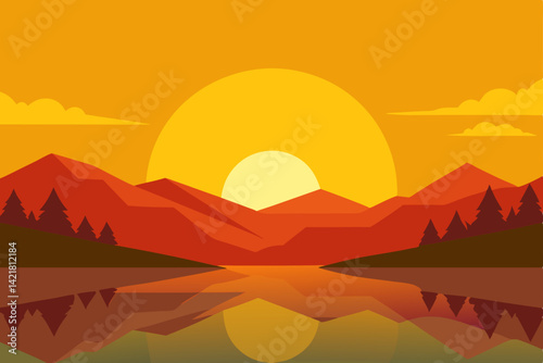 Autumn mountain landscape at sunset with orange sky and clouds, reflecting nature's serene beauty across the horizon