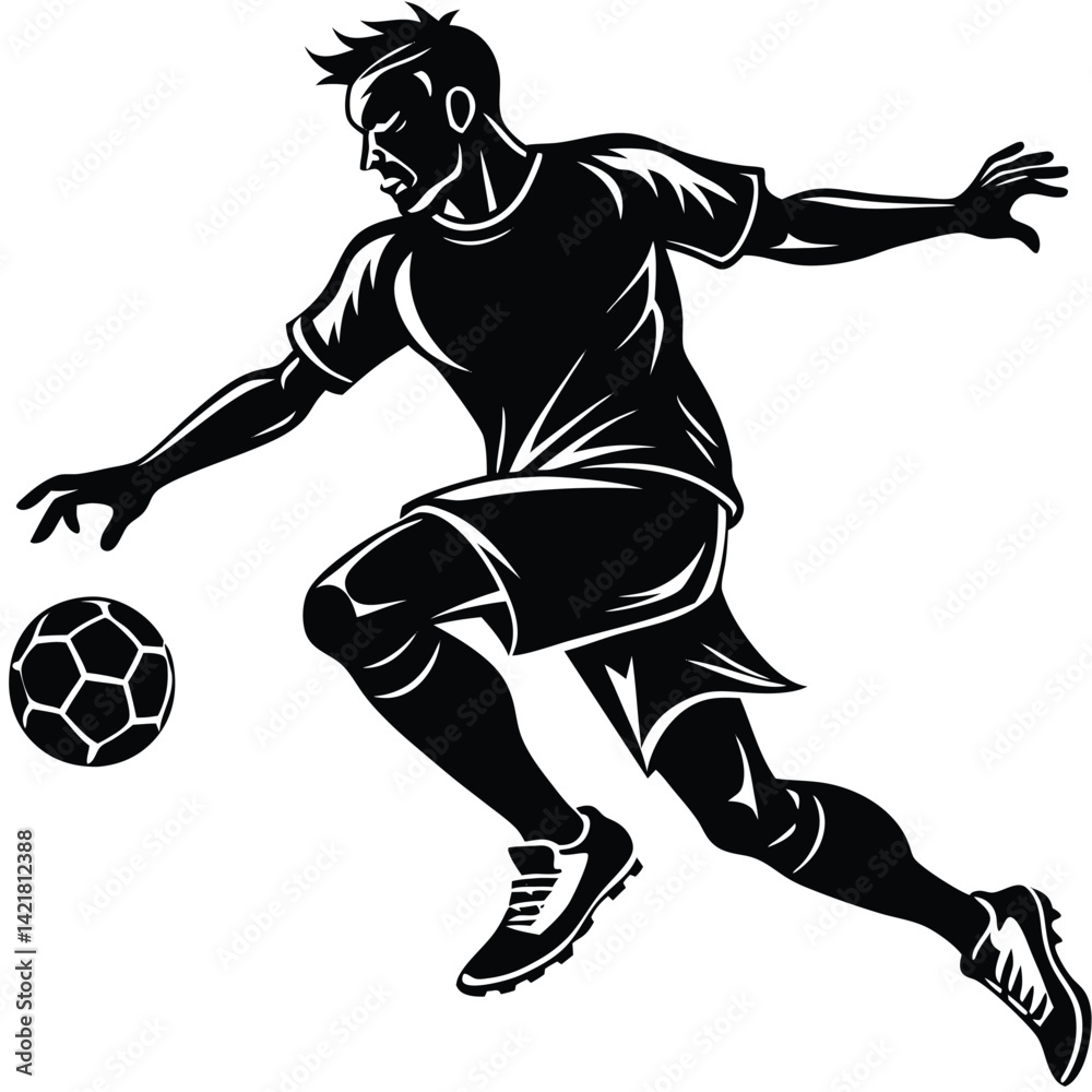 Naklejka premium Soccer Player Silhouette Vector: Action Shot of Athlete Dribbling Ball in Dynamic Black and White Illustration for Sports Design
