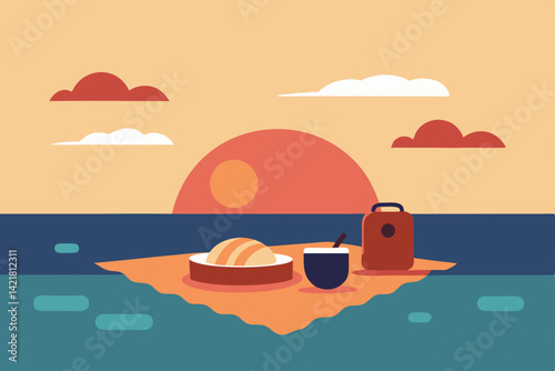 Retro cartoon illustration of a family car on a summer road trip with a boat on the sea under a sunny sky