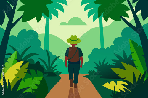 Man explores tropical nature: beach, sea, and exotic trees under the summer sun