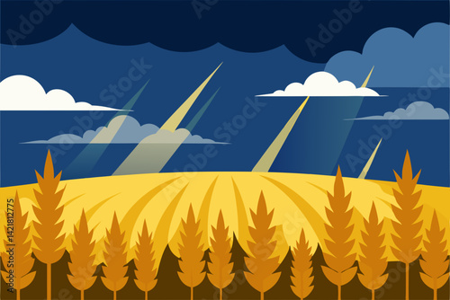 Tropical summer landscape illustration with a wheat field, ocean, and moon under a cloudy sky