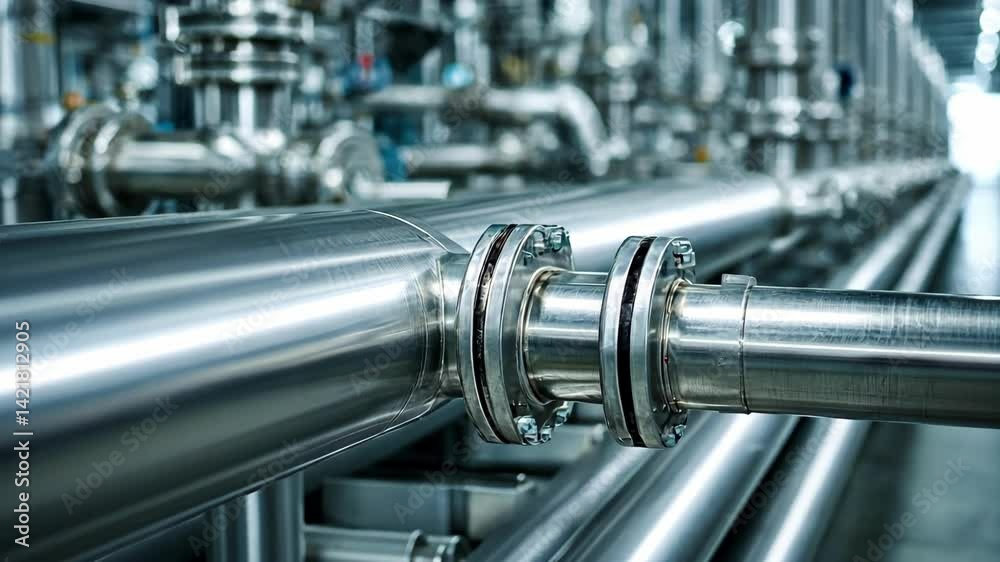 Close-up view of shiny industrial pipes and connections in a factory. Close-up view of shiny industrial pipes and connections in a factory.