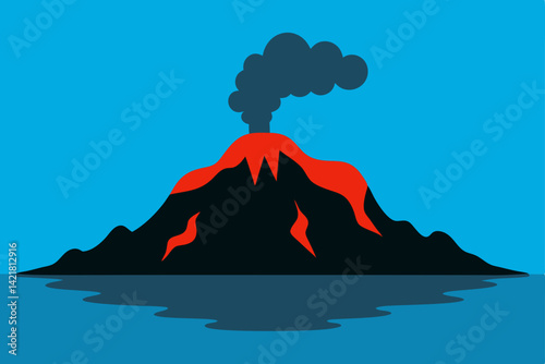 Volcanic mountains touch the clouds at sunset over a misty island coast
