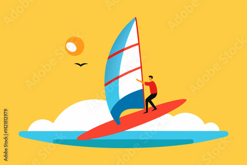 Vector illustration of a yacht sailing on the summer sea with sun and sky