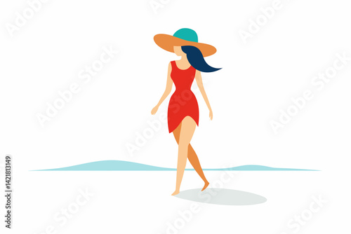 Silhouette of a young woman in a bikini at the beach, a vector illustration for summer fun by the sea