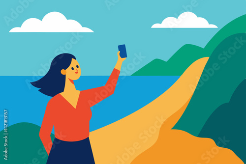 Young woman with a mobile phone relaxing on a tropical beach enjoying the summer sun and ocean view