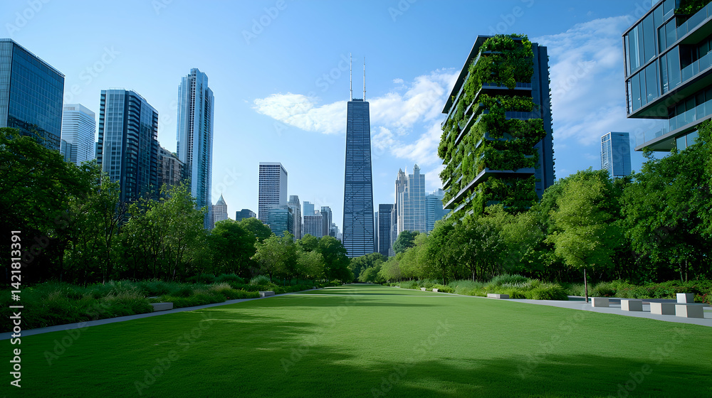 Naklejka premium Green City Park with Modern Skyscrapers