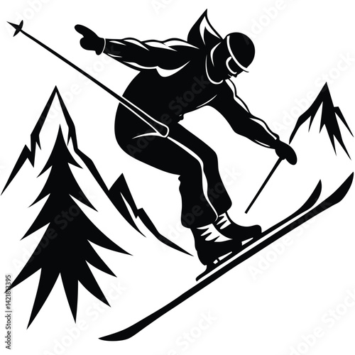Skier Silhouette Vector: Downhill Skiing Illustration with Mountains & Pine Tree, Winter Sports Graphic, Black & White Clip Art