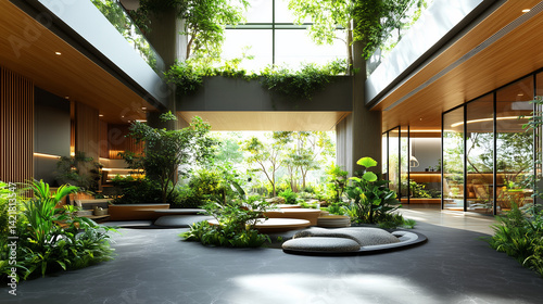 Modern workspace with greenery-covered terraces, clean glass walls, and open interiors designed for employee well-being