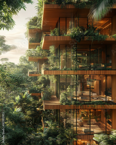 Contemporary office building with balcony gardens and natural wood textures