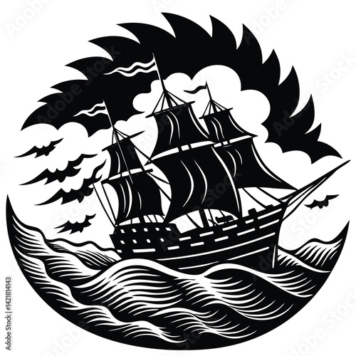 Black and White Woodcut Style Image of a Sailing Ship in Stormy Seas with Bats and Dramatic Clouds - Vector Illustration