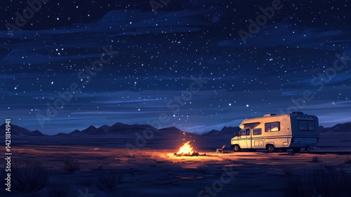 Starry Night Desert Campfire: RV under a Serene Sky