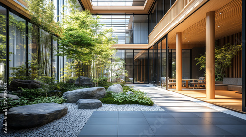 Modern workspace with greenery-covered terraces, clean glass walls, and open interiors designed for employee well-being