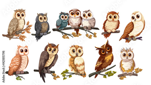 Cute cartoon different owls perching set. Funny owls of various types perched on tree branches with autumn or summer leaves. Nature, animal mascot, cartoon wild owls collection vector illustration