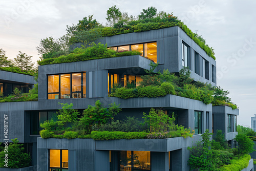 Modern sustainable office building with green terraces, vertical gardens, glass faced, eco-conscious architecture, cityscape backdrop