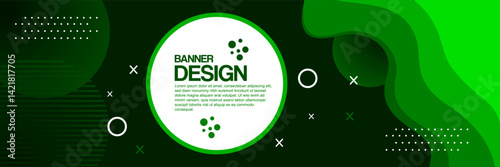 Abstract Green Banner Design With A Dark Green And Light Green Color Scheme. Features Smooth, Flowing Layered Shapes With A Central White Circle