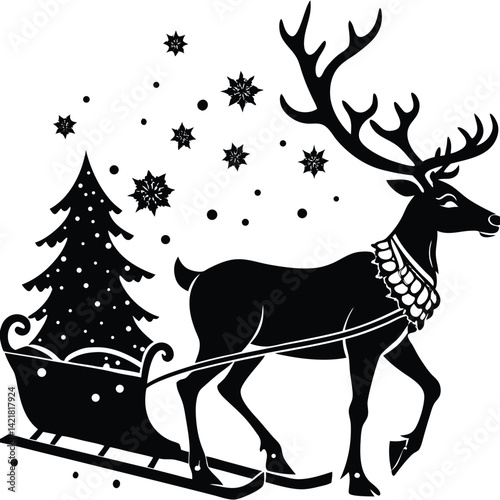 Black and White Christmas Reindeer Pulling Sleigh with Tree Vector Illustration | Holiday Graphic Design Element