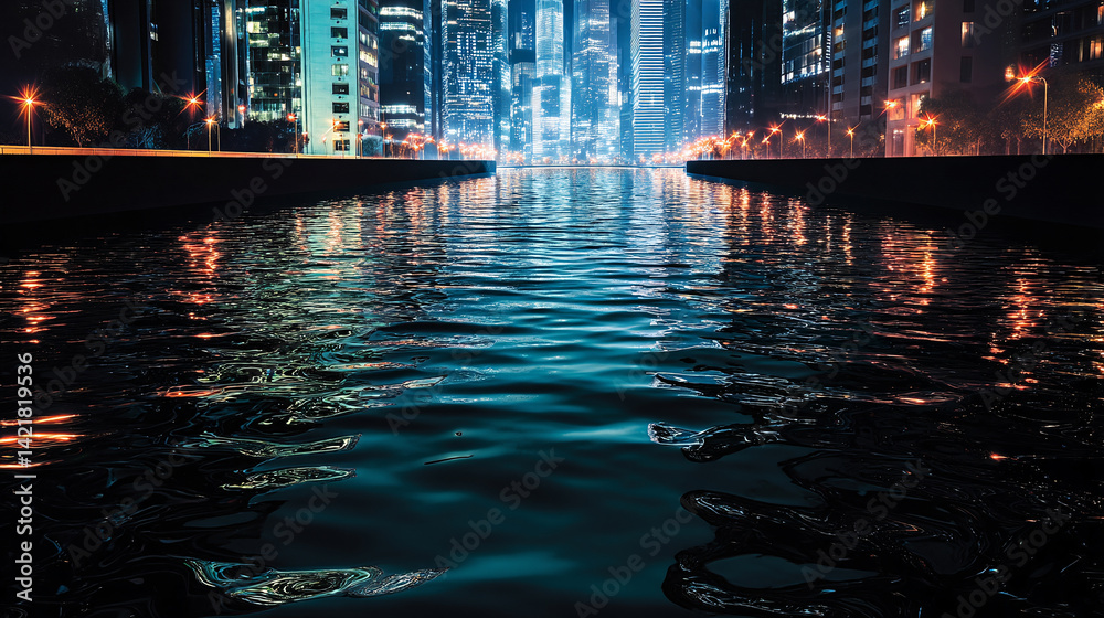 Fototapeta premium Night cityscape reflection on water urban skyline city lights skyscrapers modern architecture scene 100