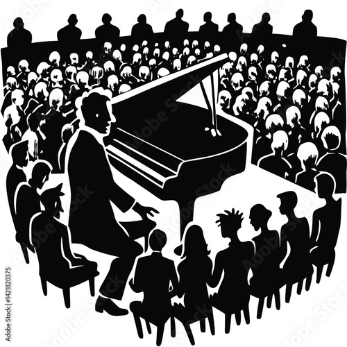 Piano Concert Illustration: Silhouette of Pianist Performing for Audience in Concert Hall, Black and White Vector Graphic Art