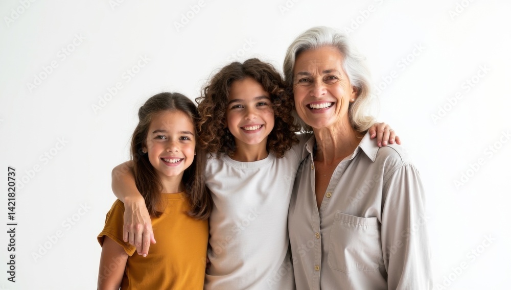 Abuela y sus nietas, primer plano. Sonrientes. Sobre fondo blanco. Abuela y sus nietas, primer plano. Sonrientes. Sobre fondo blanco.