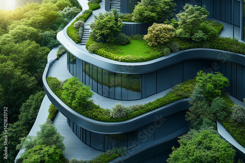 Sustainable business center surrounded by greenery, rooftop garden, clean modern architecture, promoting health and productivity