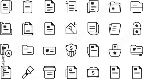 Simple and elegant line icon set featuring black and white document-related graphics such as folders, contracts, clipboards, archives, and invoice representations