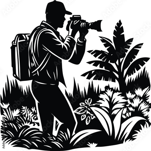 Silhouette of a Photographer in Nature: Black and White Vector Illustration of Wildlife Photography in a Jungle Setting