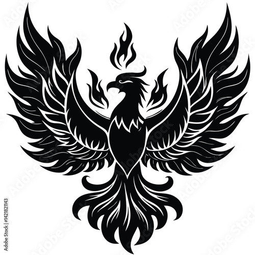 Phoenix Bird Rising Tattoo Design: Black and White Vector Illustration of Mythical Firebird Symbolism for Art and Graphic Design Projects