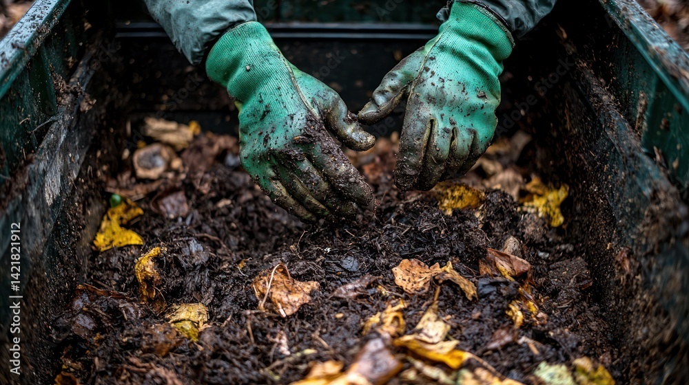 Person composting organic waste in a bin Person composting organic waste in a bin