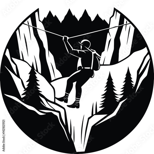 Ziplining Adventure Illustration: Silhouette Art of a Hiker on a Zip Line Across Mountains, Trees, and Cliffs - Outdoor Adventure Graphic