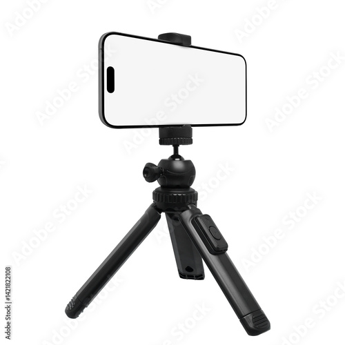 Portable tripod stand holding a smartphone on transparent background png
