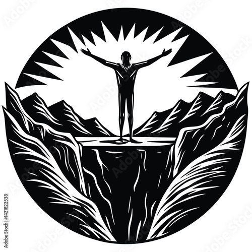 Triumphant Figure in Mountain Landscape: Black & White Woodcut Style Illustration of Man with Open Arms at Cliff Edge, Sunburst Background